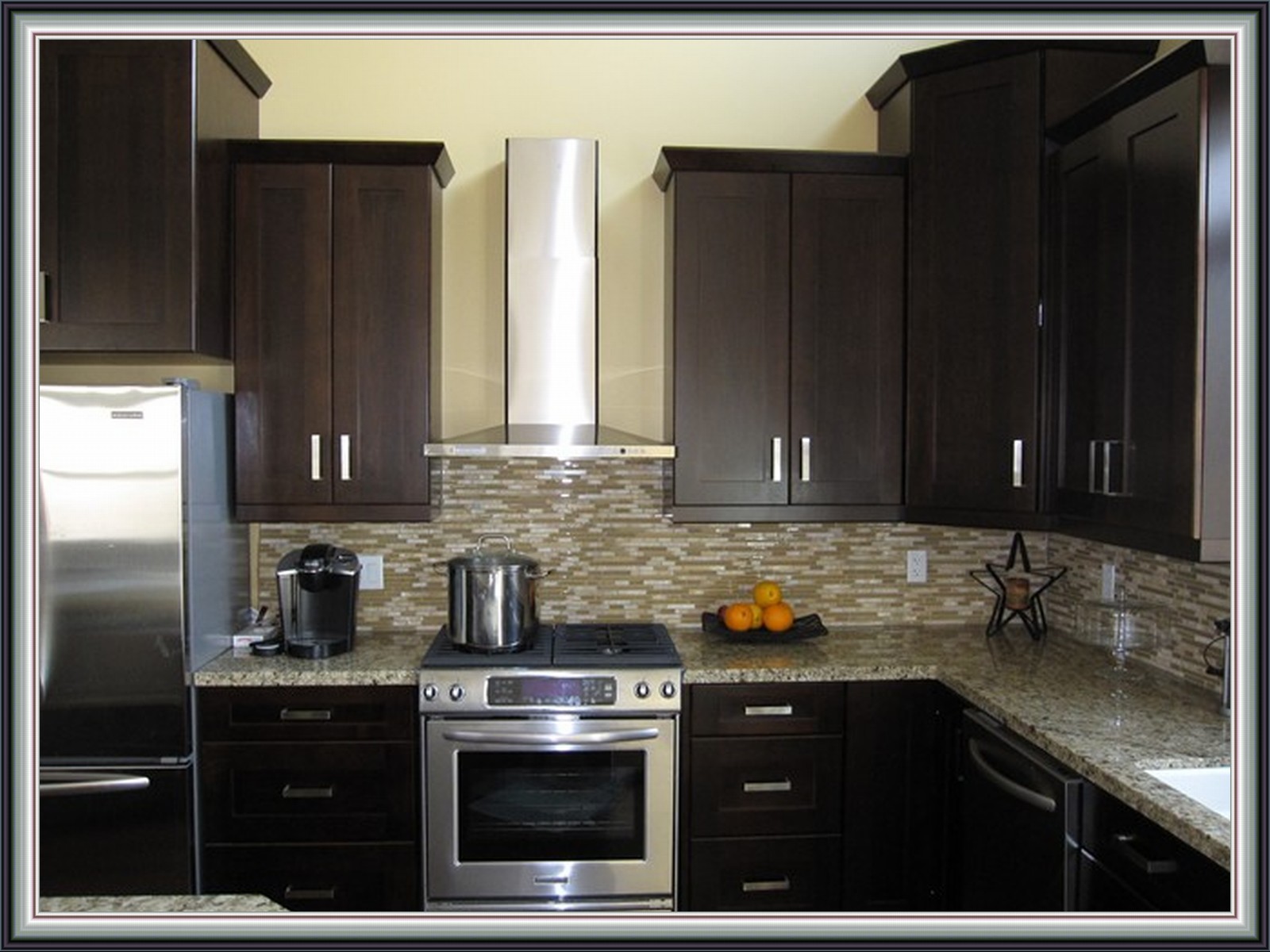 Kitchen backsplash tile murals Espresso Shaker Kitchen Cabinets