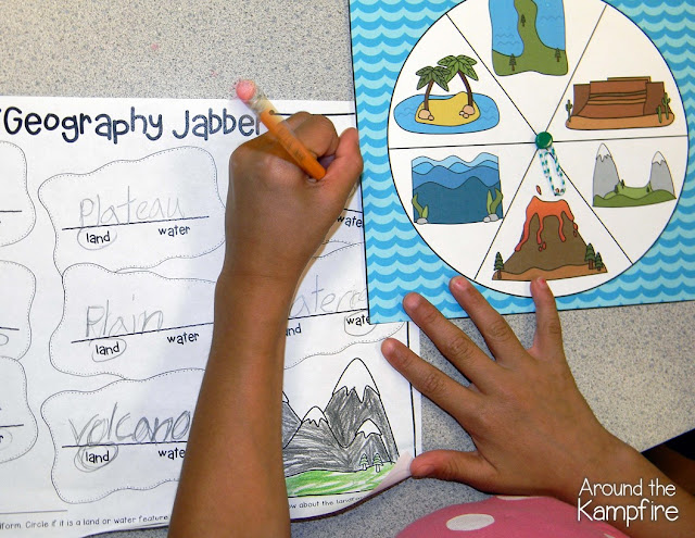 Geography Jabber landforms literacy center. Students spin a landform, determine if it is a water or land feature, then tell their partner all they know about the landform.