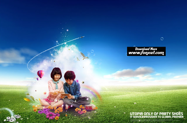  FREE PSD download : Design girl beside the boy holding a phone