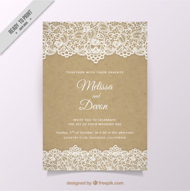 Vintage wedding invitation with lace Free Vector