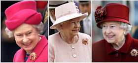 Three pictures showing Queen Elizabeth II wearing the ruby and diamond Grima brooch give to her by Prince Philip