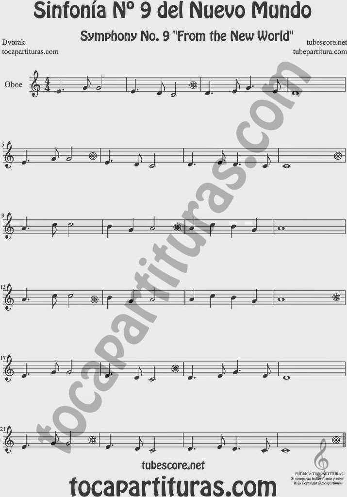  Sinfonía del Nuevo Mundo Partitura de Oboe Sheet Music for Oboe 9º Simphony From the New World Music Score