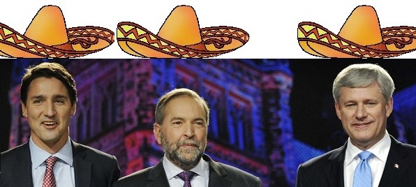 Os Três Cavalheiros: Justin Trudeau, Tom Mulcair, & Stephen Harper.