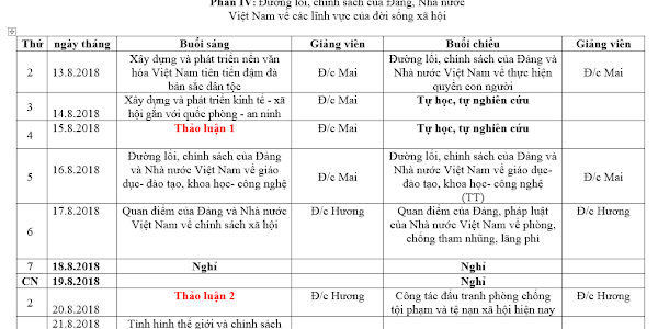 Lịch học: Phần IV. Đường lối, chính sách của Đảng, Nhà nước Việt Nam về các lĩnh vực của đời sống xã hội