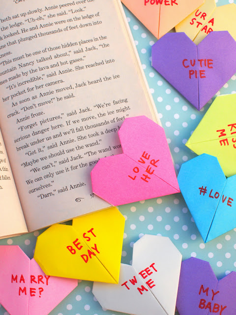origami conversation heart corner bookmarks- great valentine's day craft for kids