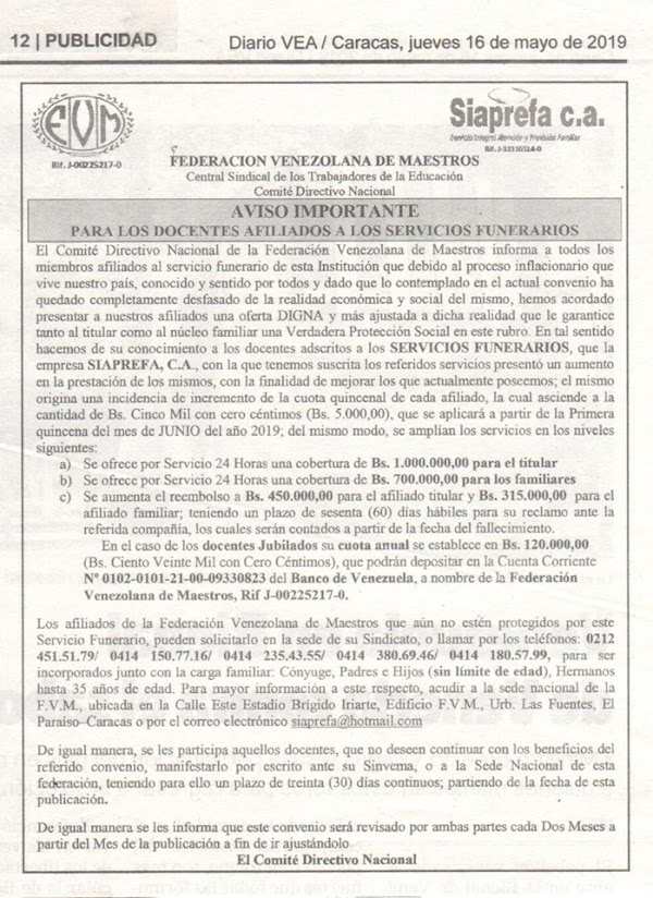 AVISO IMPORTANTE PARA LOS DOCENTES AFILIADOS A LOS SERVICIOS FUNERARIOS AVISO IMPORTANTE PARA LOS DOCENTES AFILIADOS A LOS SERVICIOS FUNERARIOS
