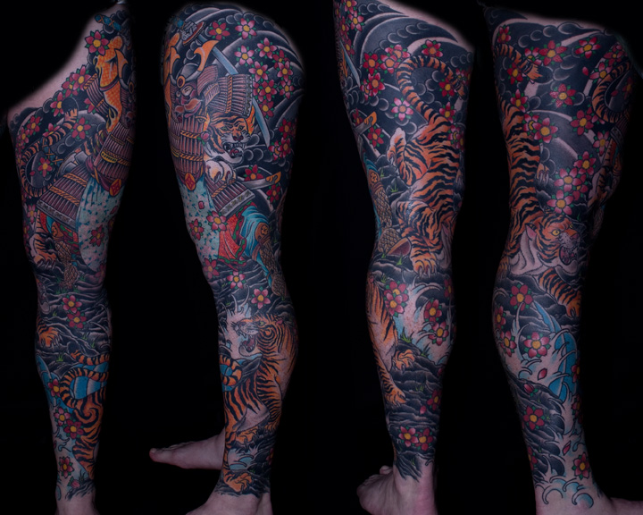 lukacsarts tattoo Tiger vs Samurai full leg sleeve.