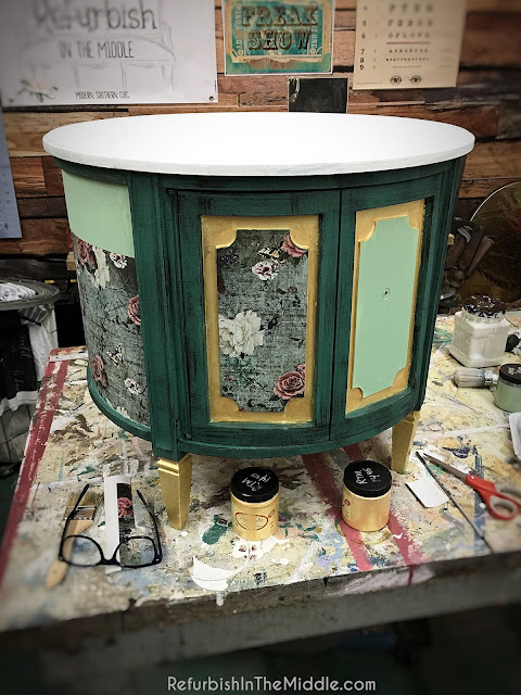 70's vintage round drum table makeover with application of DIY Golden Ticket paint Prima Redesign Transfers