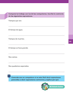 Apoyo Primaria Español 2do grado Bloque 3 lección 16 Expresiones de tiempo, parecidas y contrarias 