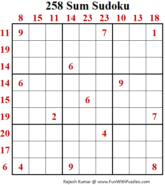 258 Sum Sudoku Puzzle (Daily Sudoku League #218)