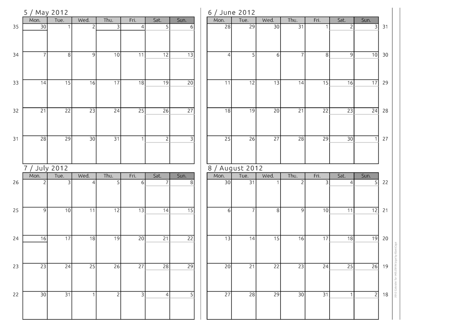 Opencage Moleskine Calendar Leaf 201205 To 201208 モレスキン用カレンダーリーフ 2012年5月 8月