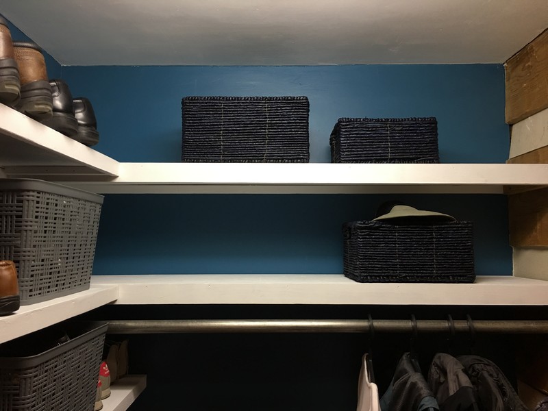 Coat Closet Mudroom Organization Makeover | $100 Room Challenge | Built in Reclaimed Shelves, Sherwin Williams Great Falls 6495, Shoes in Bins
