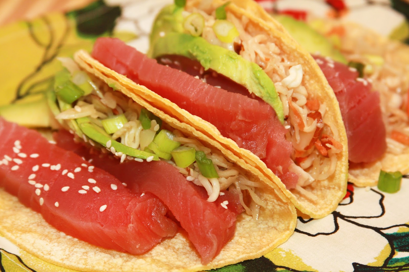 For the Love of Food Ahi Tuna Fish Tacos with Wasabi Creme and Ramen Slaw