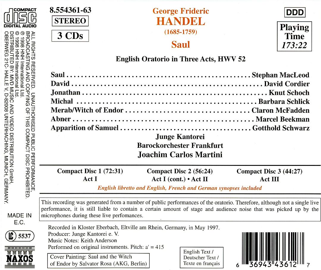 makdelart classique Handel Saul (Joachim Carlos Martini) [3CDs]