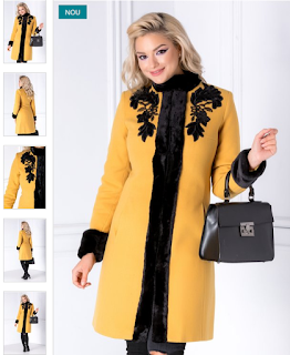 Palton femei de iarna galben mustar cu blanita si broderie elegant Palton femei de iarna galben mustar cu blanita si broderie elegant