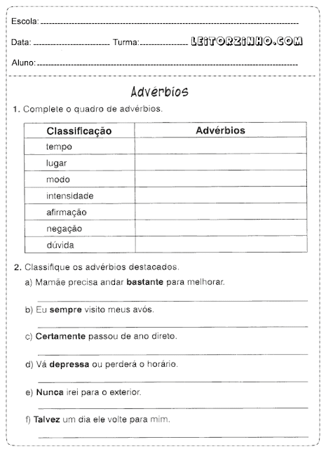 Complete o quadro de advérbios