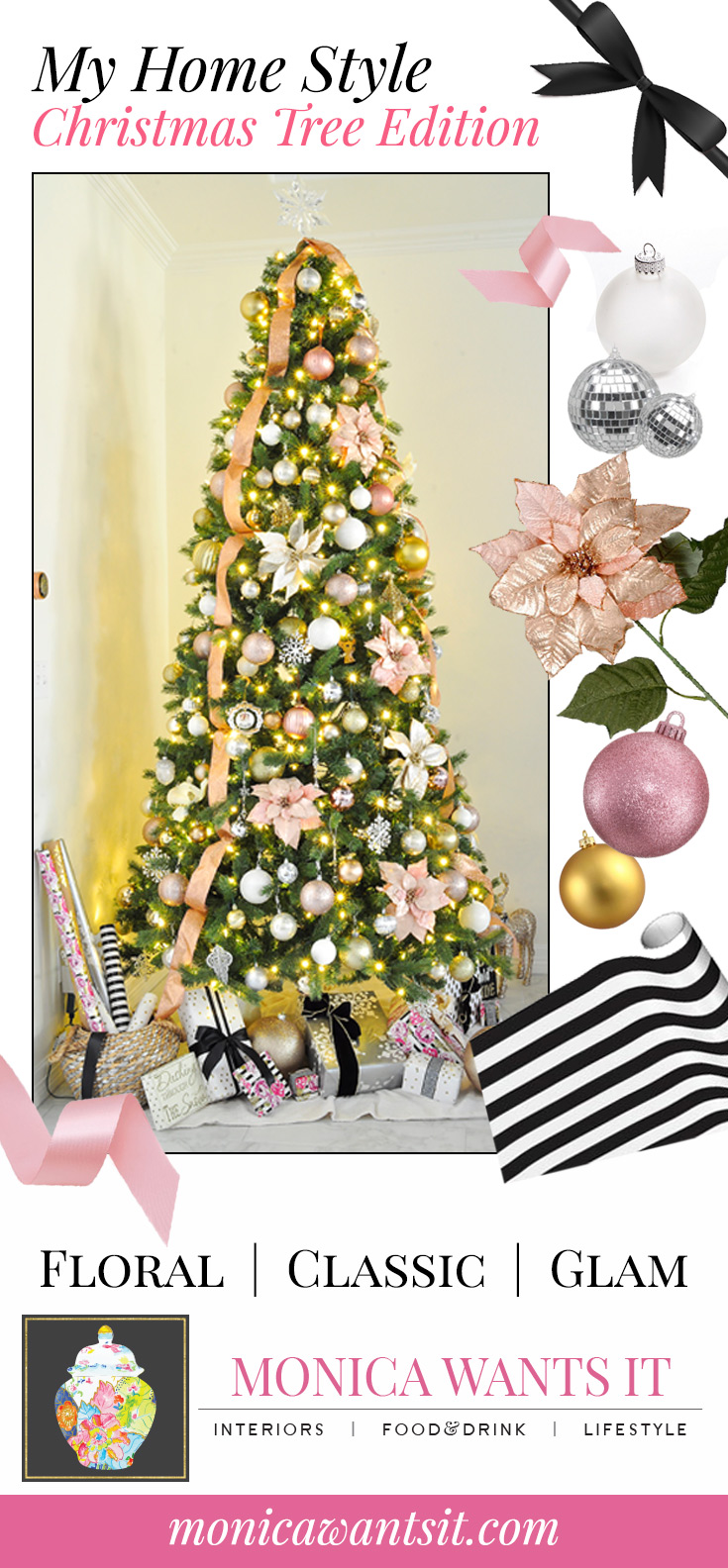 Blush pink, gold, silver and white holiday Christmas tree decor. | via monicawantsit.com Blush pink, gold, silver and white holiday Christmas tree decor. | via monicawantsit.com
