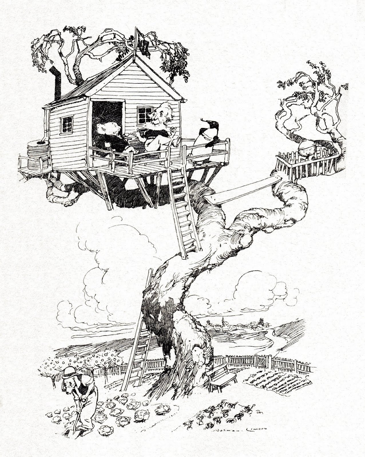 anthropomorphic animals in tree-house (sketch)