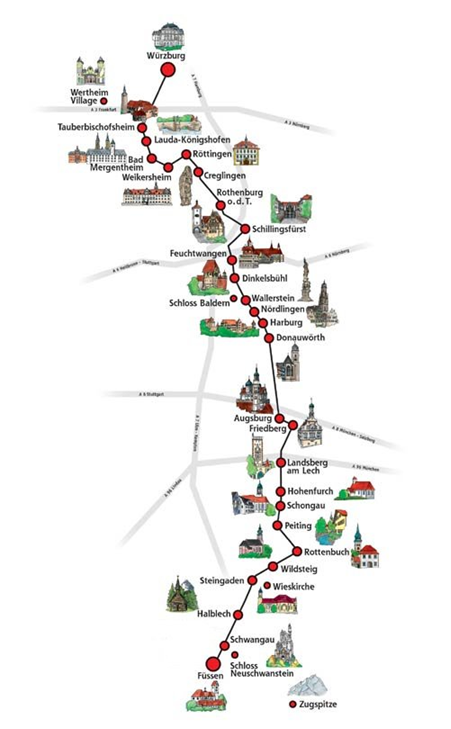 Mapa para recorrer la ruta romantica en Alemania