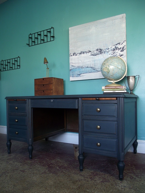 Vintage Ground Antique Slate Executive Style Desk This Is A Wonderful Antique Executive Style Wood Desk Piece Has Been Distressed In Handsome Dark Gray Slate Color With Black Undercoat