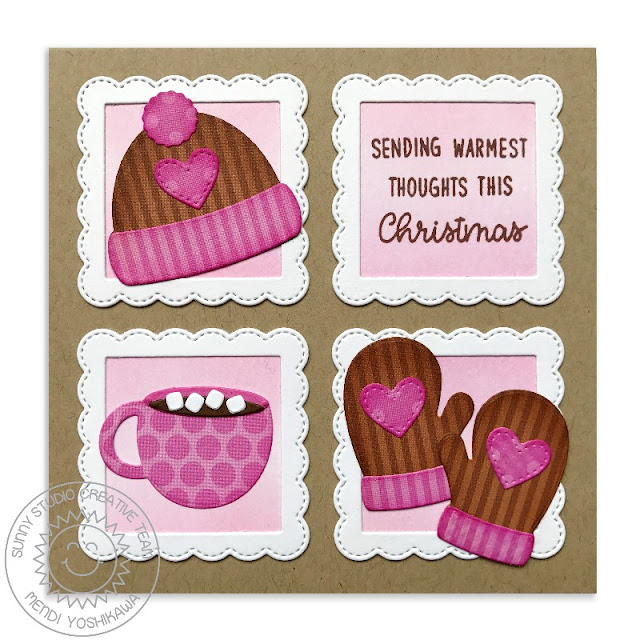 Sunny Studio Stamps: Warm & Cozy Winter Hat, Mittens & Hot Cocoa Christmas Card by Mendi Yoshikawa