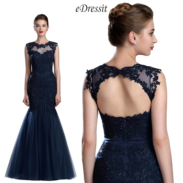 Sparkly Navy Blue Beaded Lace Prom Gown