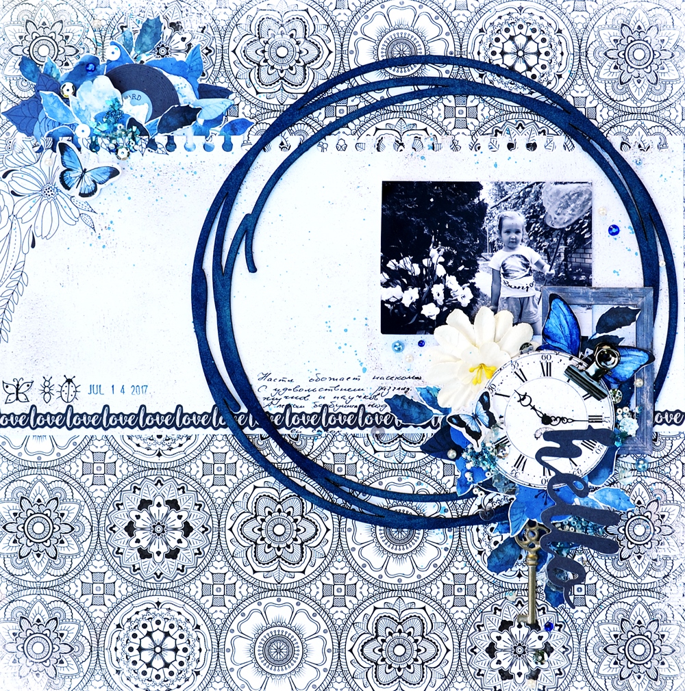 Scraps of Darkness scrapbook kits: Blue mixed media layout w/our Blue Skies & Sunshine kit, by Tatiana Yemelyanenko. BoBunny Petal Lane. Kaisercraft Indigo Skies.