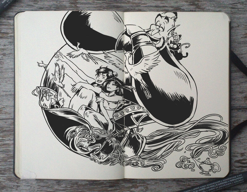 10-Aladdin-and-the-Magic-Lamp-Gabriel-Picolo-Disney-Fantasy-Ink-Drawings-in-Moleskine-Illustrations-www-designstack-co