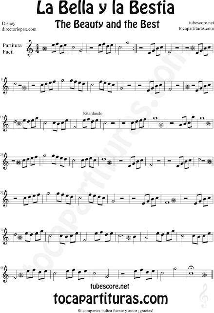  Beauty and the Beast Easy sheet music on trebble clef for beginners flute, recorder, trumpet, saxophone, oboe, violin, clarinet... really easy