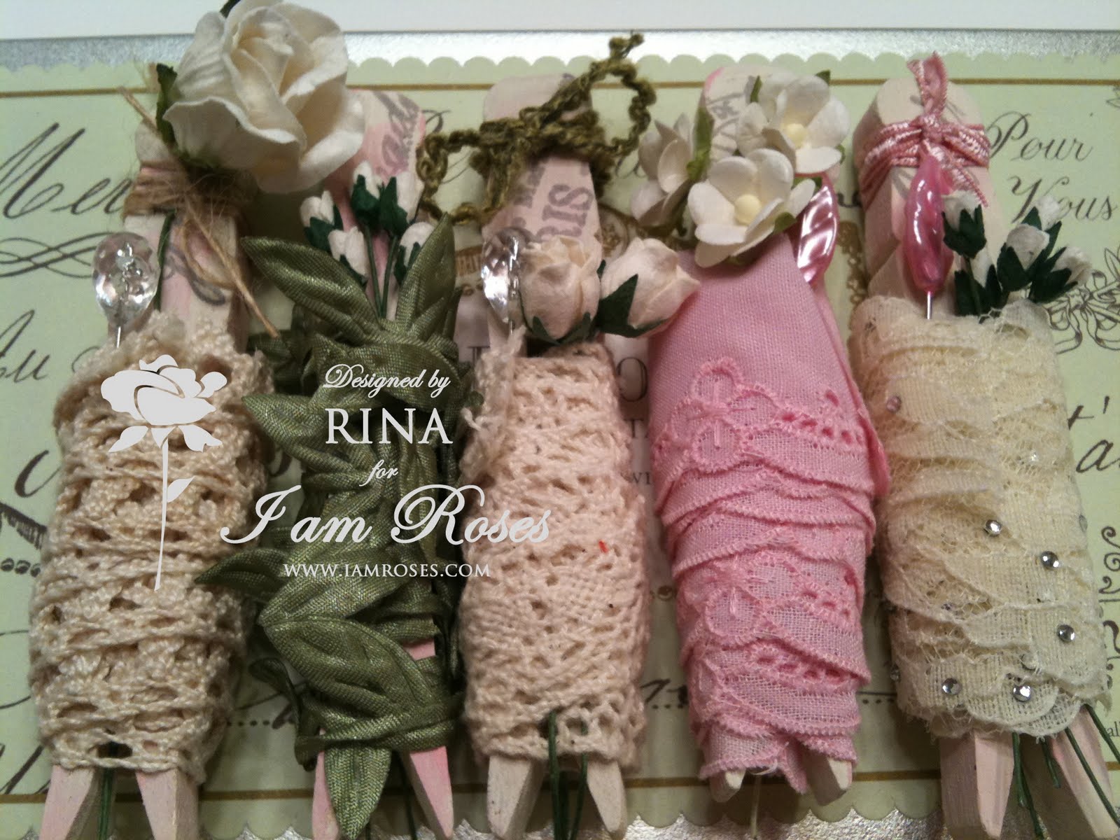 Decorated Wooden Clothespin Holders for Lace & Trim I Am Roses Project