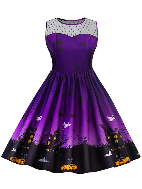Halloween Lace Panel Plus Size Dress - Purple 5xl