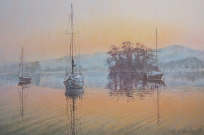 Boats at Dawn, Windermere-Michael Howley Artist. A signed limited edition print from an original soft pastel painting