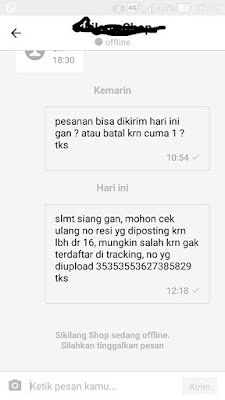Chat ke pelapak di Bukalapak terkait kesalahan nomor resi. Chat ke pelapak di Bukalapak terkait kesalahan nomor resi.