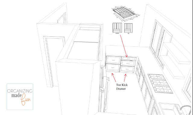Sketch of kitchen cabinets full of drawers and cupboard space :: OrganizingMadeFun.com