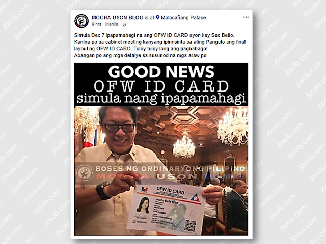 Good News To OFWs! The much awaited iDOLE or OFW ID will be released very soon. According to the social media post of PCOO ASec Mocha Uson, the OFW ID fianal lay-out has been presented during the cabinet meeting and is ready to be distributed on December 7.  Sponsored Links The OFW ID will serve as an OEC for OFWs, meaning, OFWs who will be given the iDOLE card no longer need to secure OECs. It is also designed allowing its bearer to transact with government and private agencies, such as Pag-IBIG, SSS, and PhilHealth, it can also serve as a debit card and an ATM card for the OFW Bank, as well as a beep card if the bearer use LRT and MRT.  Department of Labor and Employment (DOLE) Secretary Silvestre Bello III recently announced that OFWs who will be home for the holiday season will be the first to receive their OFW IDs, but there was no definite date as to the release of the card. Concerned agencies even admitted that interlinking the databases for the iDOLE is a complicated task. ASec Mocha Uson also mentioned in her social media post that further details regarding the OFW ID will be released these following days. Advertisement Read More:       ©2017 THOUGHTSKOTO