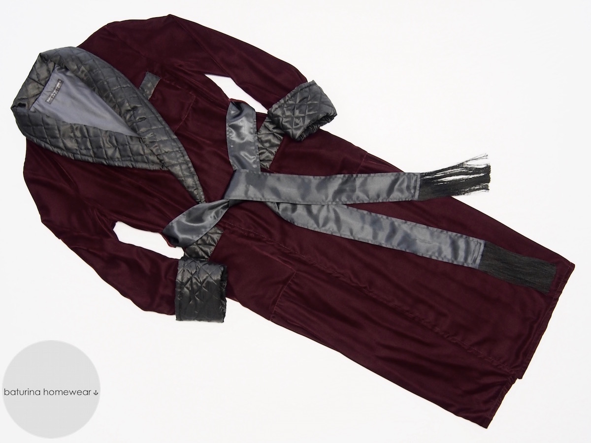 Long Red Velvet Men's Dressing Gown with Quilted Silk Shawl Collar, Warm Cotton Lined