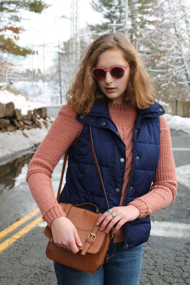 New England sweater, puffer vest, jeans and ankle boots for a cute winter outfit #ootd #style