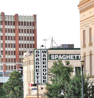 Spaghetti Warehouse Houston (signage on historic brick building in Downtown Houston)