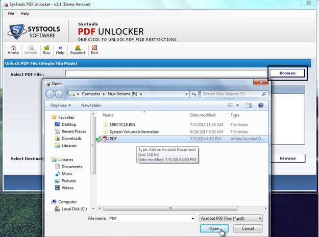 Systools PDF Unlocker- how to browse the file