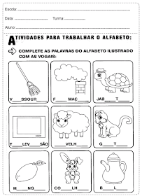 Complete as palavras do alfabeto ilustrado com as vogais