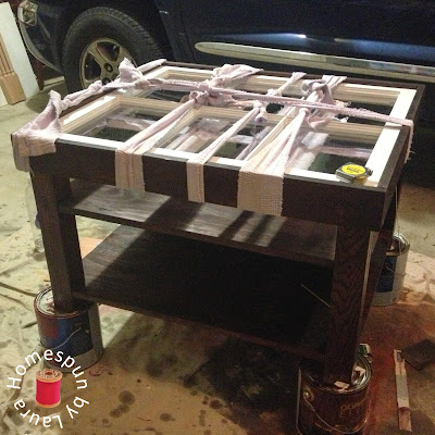 DIY repurposed window coffee table construction process