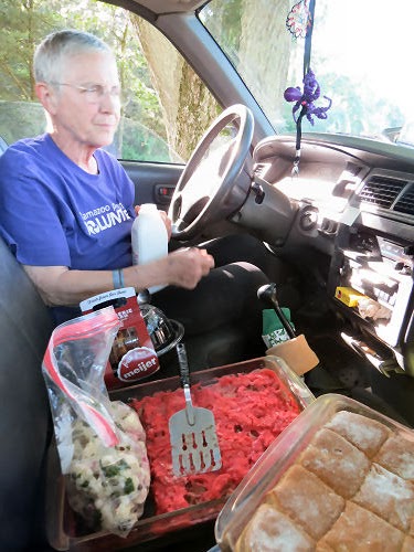 eating a picnic in the cab of a truck
