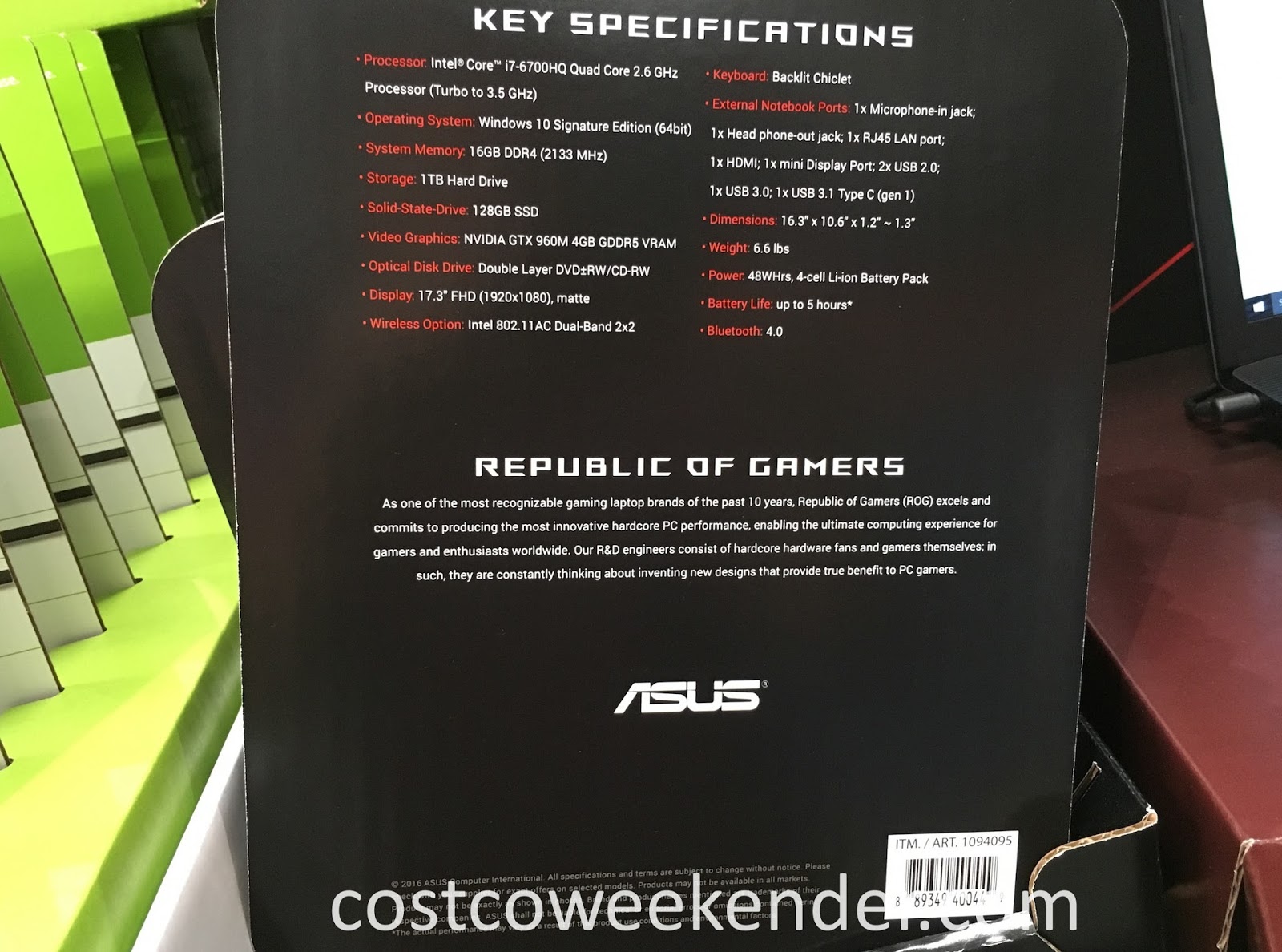 Asus ROG GL752VW 17.3" Gaming Laptop Computer Costco Weekender