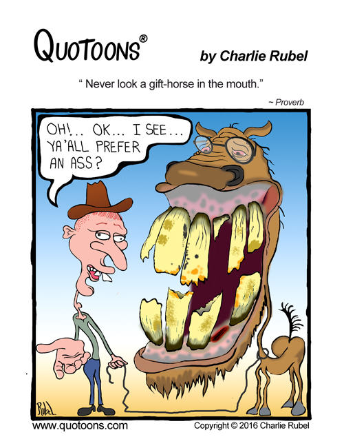 " Never look a gift horse in the mouth." Proverb Quotoons® by