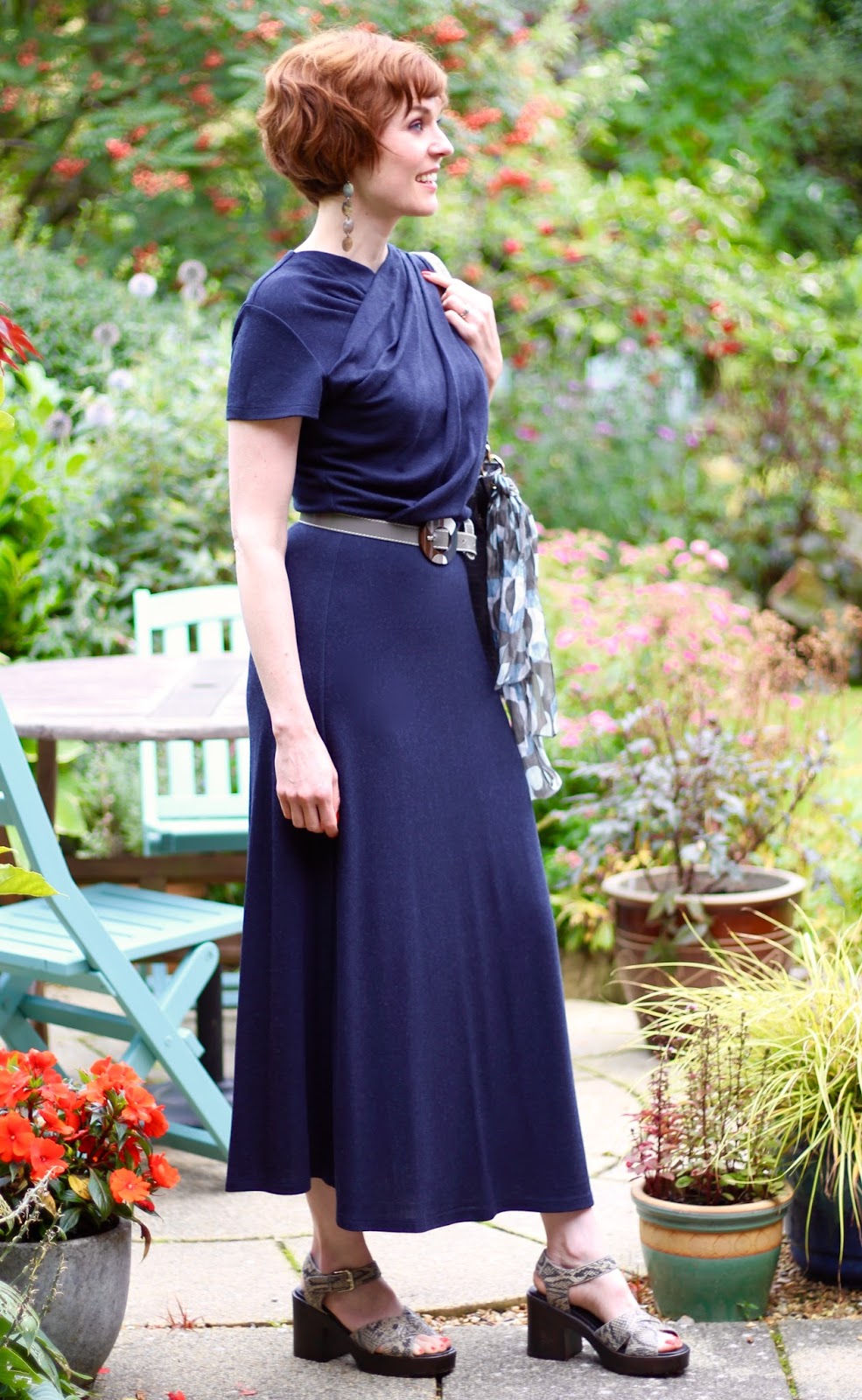 Fake Fabulous | Navy Finery Midi-dress, grey and taupe accessories & Chunky Vagabond sandals.