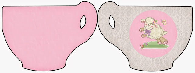 Ovejita en Fondo Rosa: Invitaciones para Imprimir Gratis. Tarjeta con forma de taza de Ovejita en Fondo Rosa.