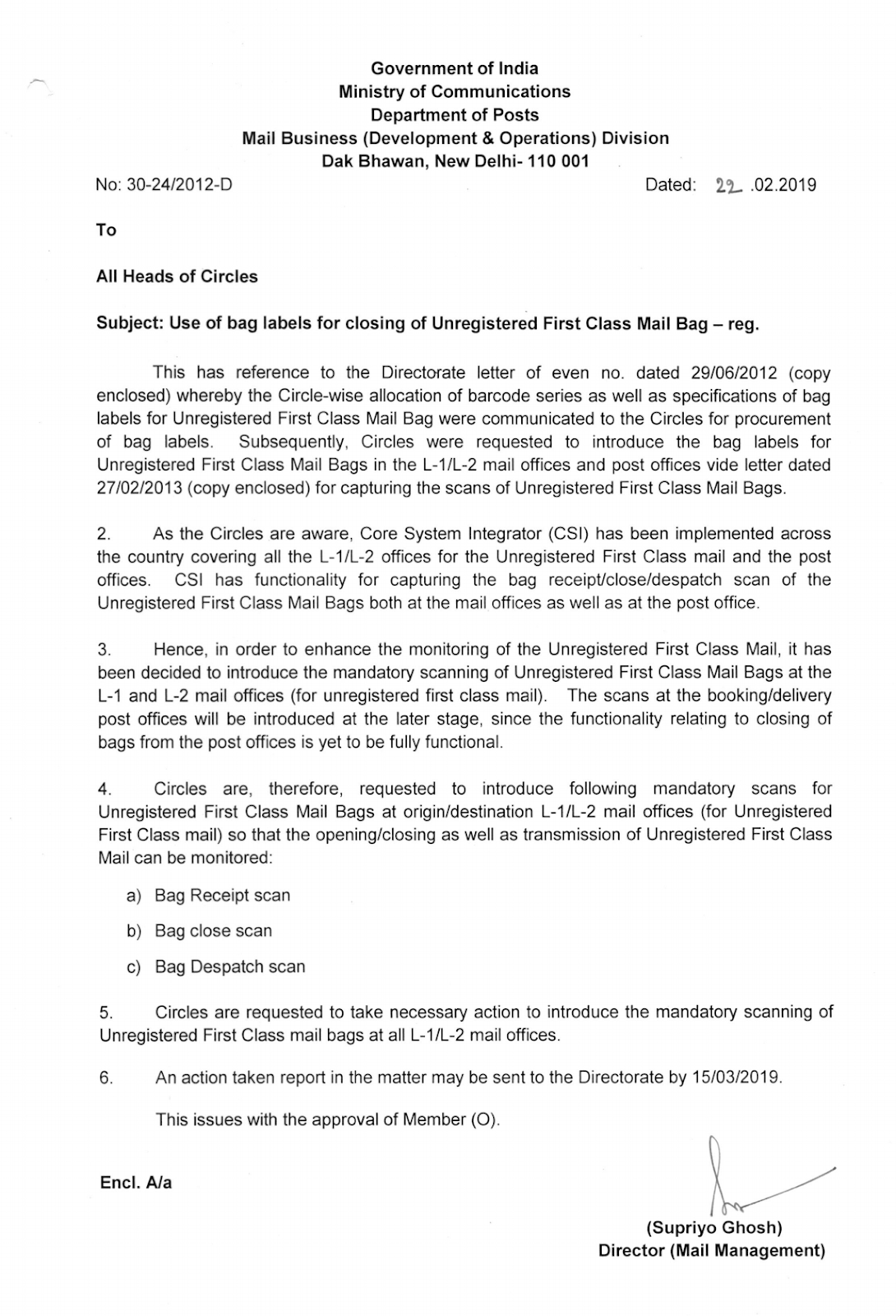 Use of bag label for closing of Unregistered First Class Mail Bag