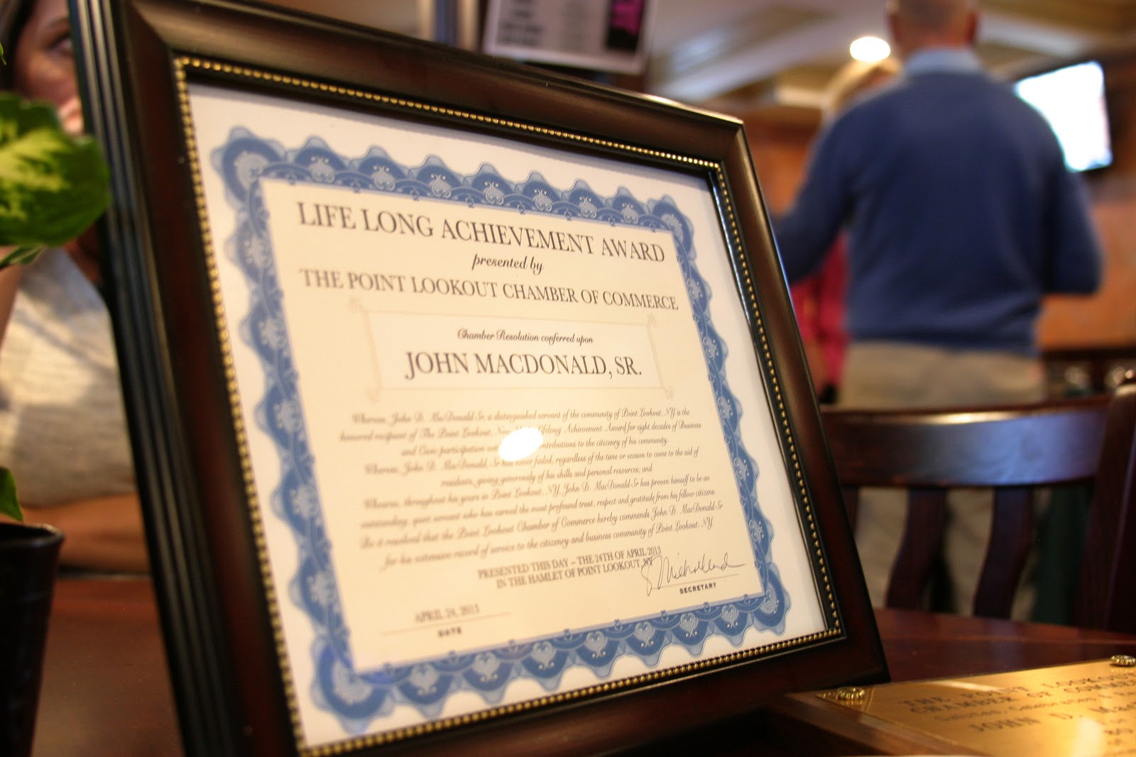 Point Lookout, NY 11569 The Point Lookout Chamber of Commerce. LIFE LONG ACHIEVEMENT AWARD