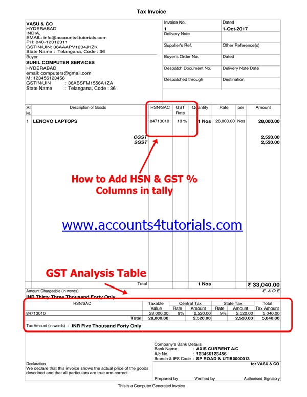 gst tally invoice design for gst percentage column