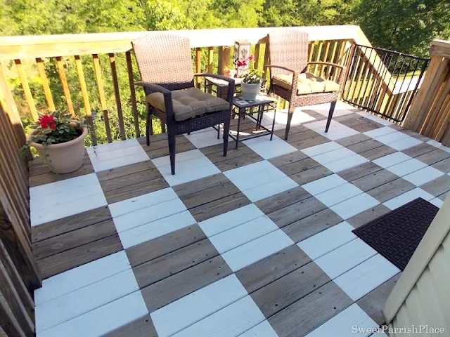 Paint a fabulous patio floor checkerboard floor - by Sweet Parrish Place, featured on I Love That Junk